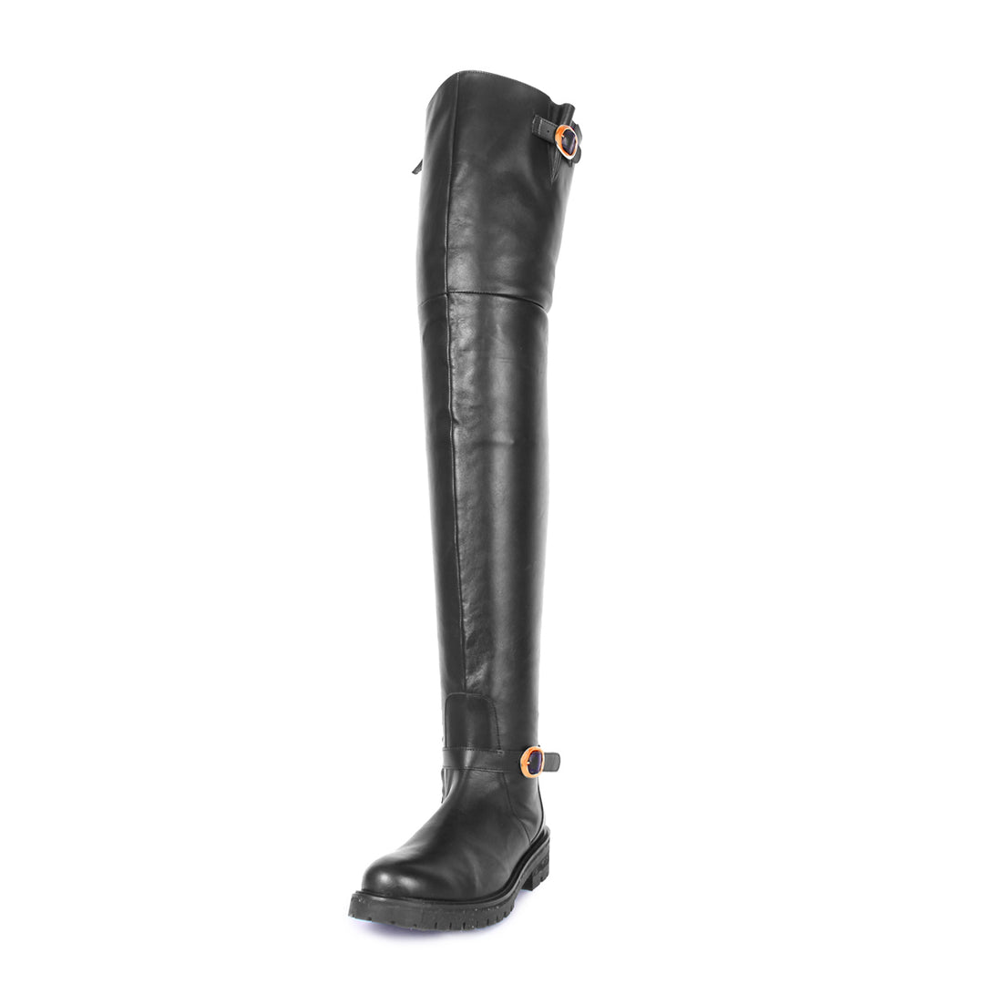 Flat thigh high boots with gold buckles (model 609) leather red