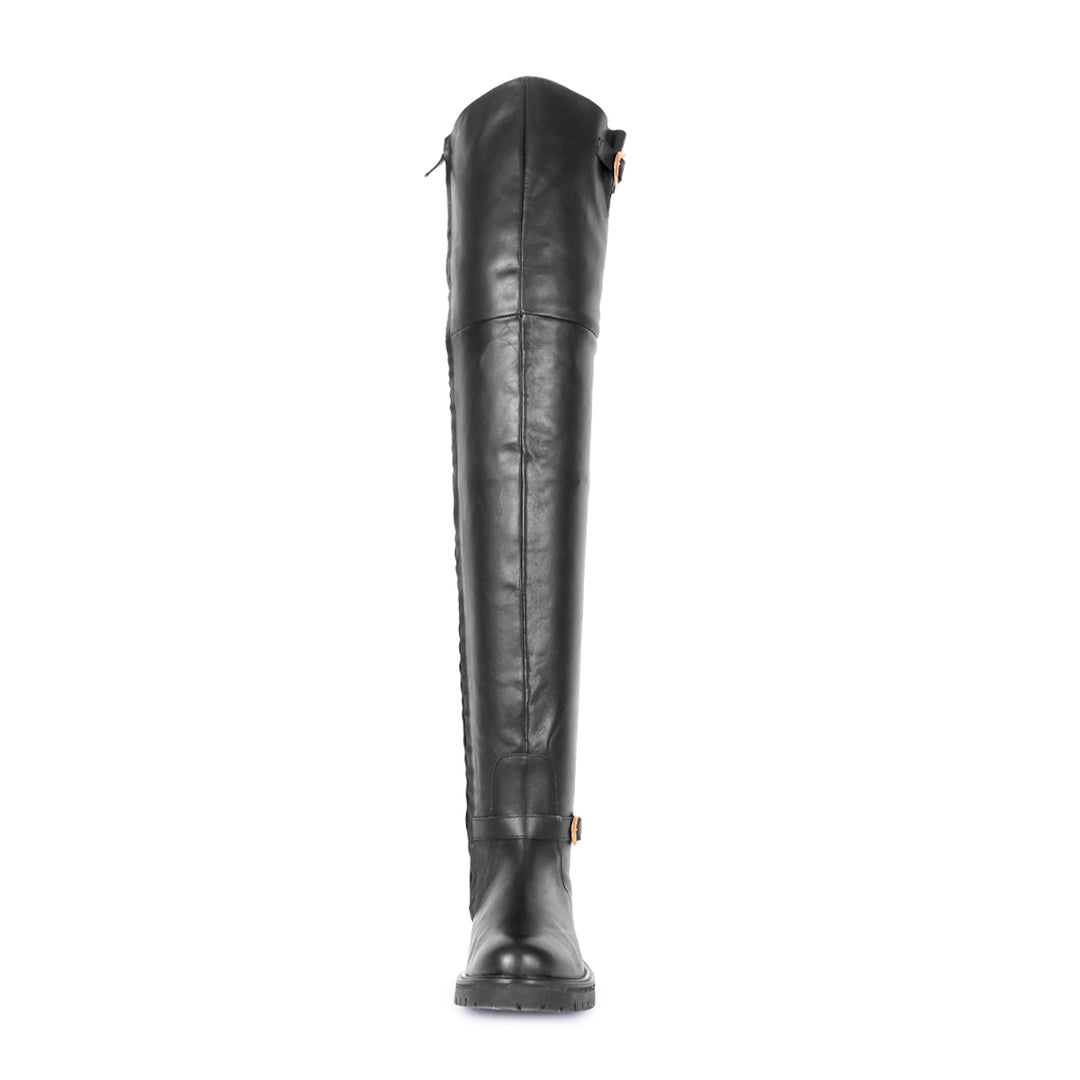 Flat thigh high boots with gold buckles (model 609) leather grey