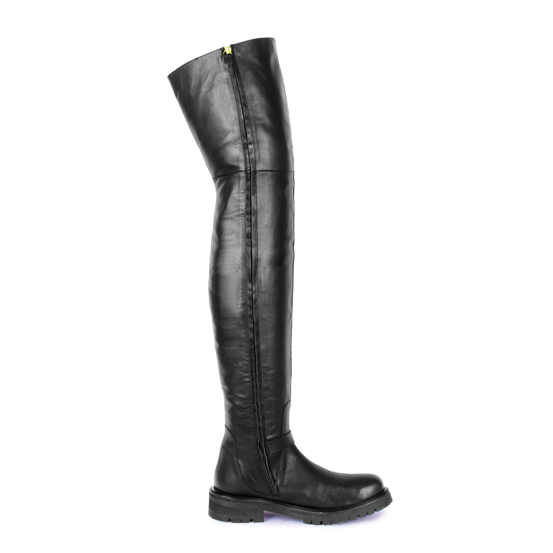 Flat thigh high boots with gold buckles (model 609) leather black