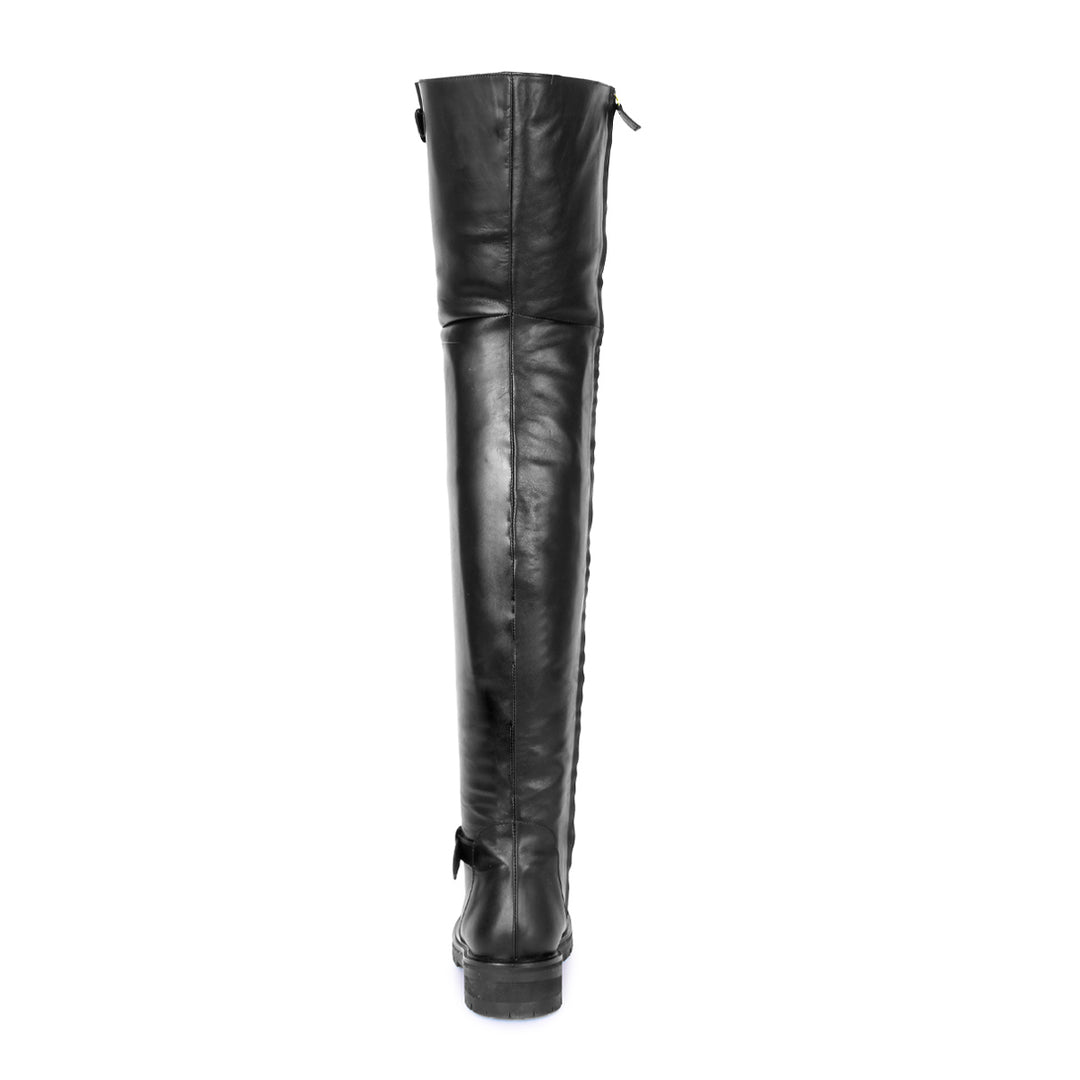 Flat thigh high boots with gold buckles (model 609) leather red