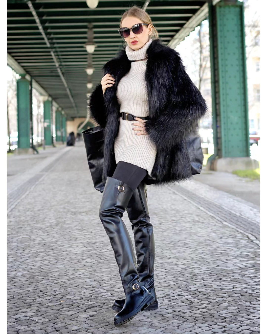 Flat thigh high boots with gold buckles (model 609) leather grey