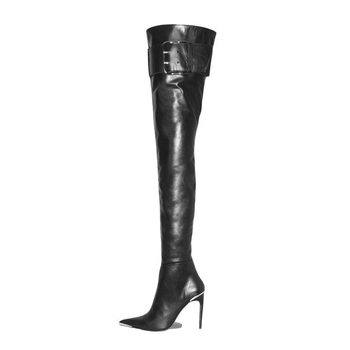 Thigh high boots with metal toe cap and belt (model 660) leather black