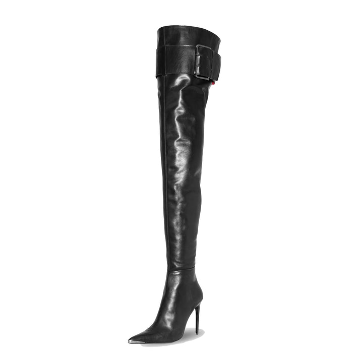 Thigh high boots with metal toe cap and belt (model 660) vinyl black