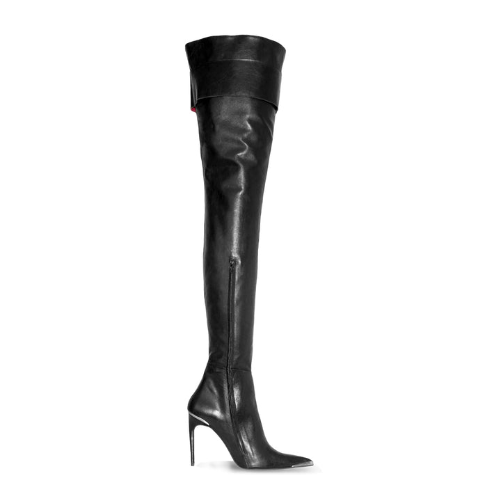 Thigh high boots with metal toe cap and belt (model 660) vinyl black