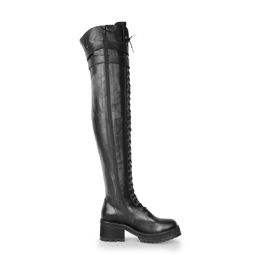 Thigh high boots combat/gothic style (model 670) leather marron