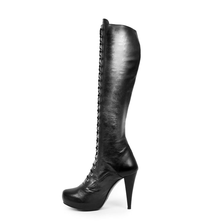 Knee-high boot with hook lacing (model 706) black leather