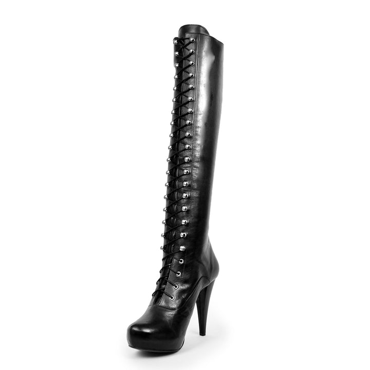 Kniehoher Stiefel mit Hakenschnürung (Modell 706) Leder schwarz