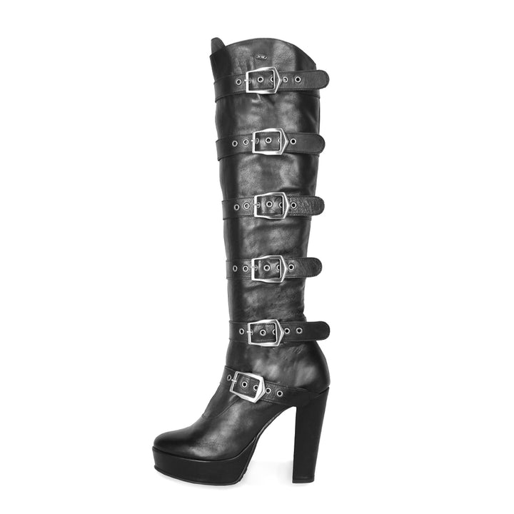 Knee-high boots with buckles and block heel (model 717) vinyl black