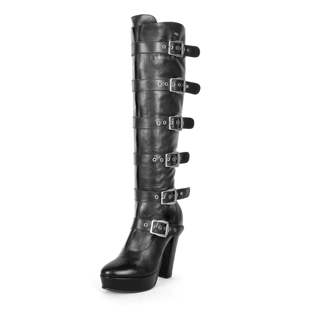 Kniehoher Stiefel mit Schnallen und Blockabsatz (Modell 717) Leder schwarz