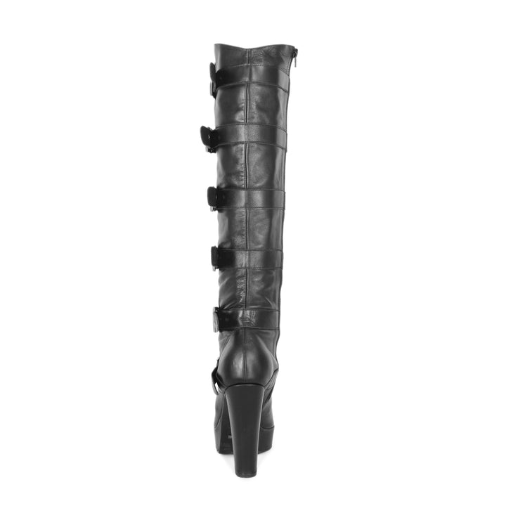 Kniehoher Stiefel mit Schnallen und Blockabsatz (Modell 717) Leder schwarz