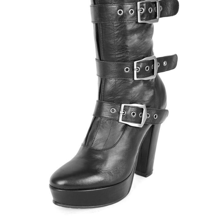 Knee-high boots with buckles and block heel (model 717) vinyl black