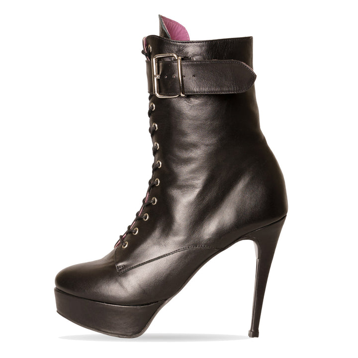Lace-up ankle boots with platform and buckle (model 817) leather red