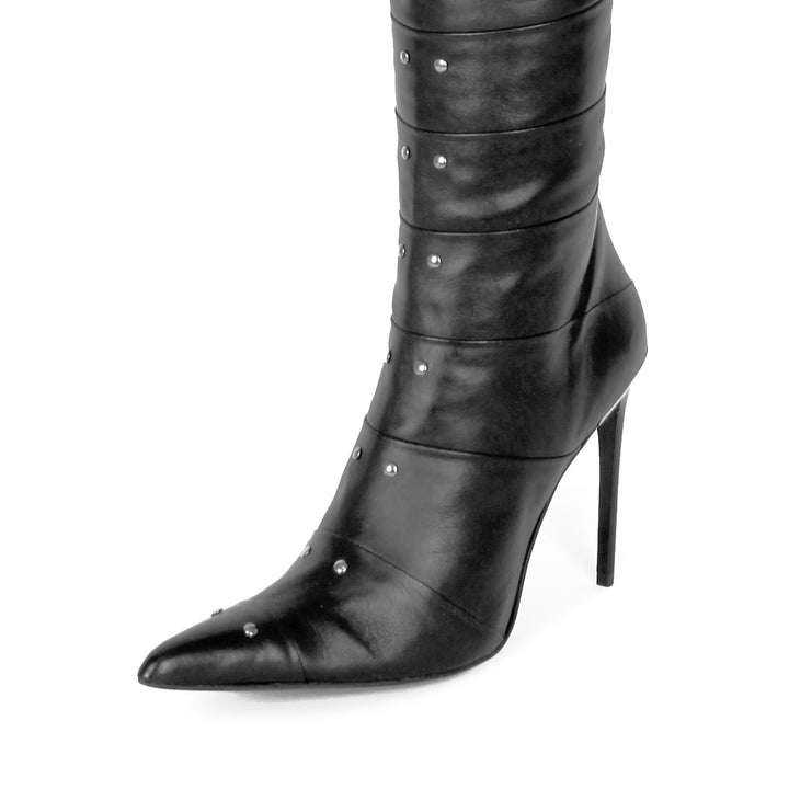 Thigh high boots in segmented leather with stiletto heels (model 160) black leather