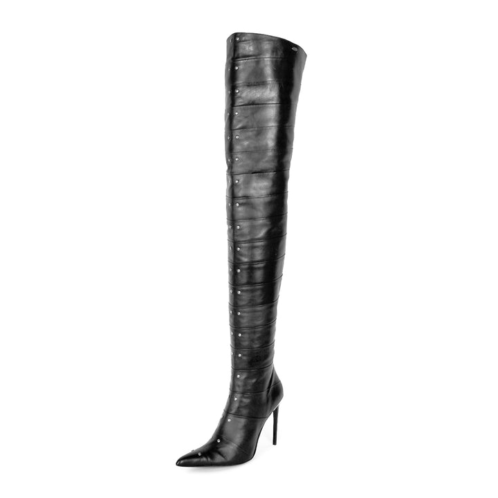 Thigh high boots in segmented leather with stiletto heels (model 160) black leather