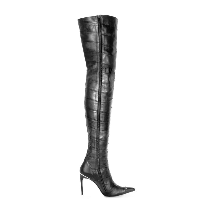 Thigh high boots in segmented leather with stiletto heels (model 160) leather white