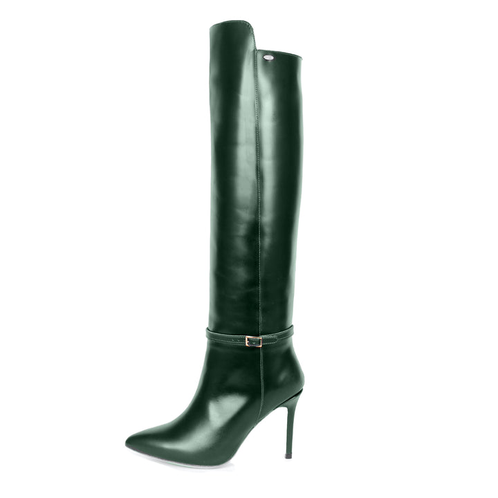 Polished leather knee high boot (model 740) Leather Dark Emerald