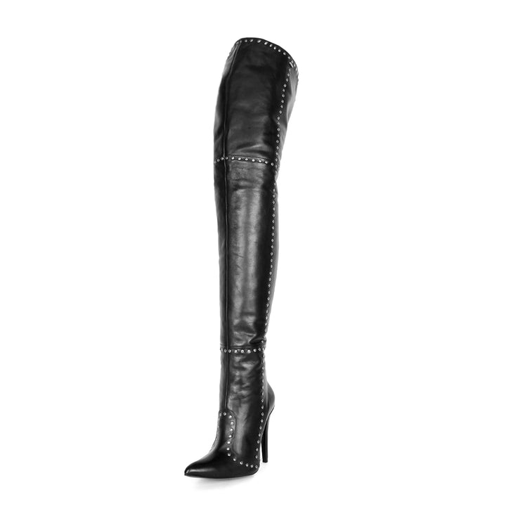 Thigh high boots with rivets and high heels (model 610) vinyl white
